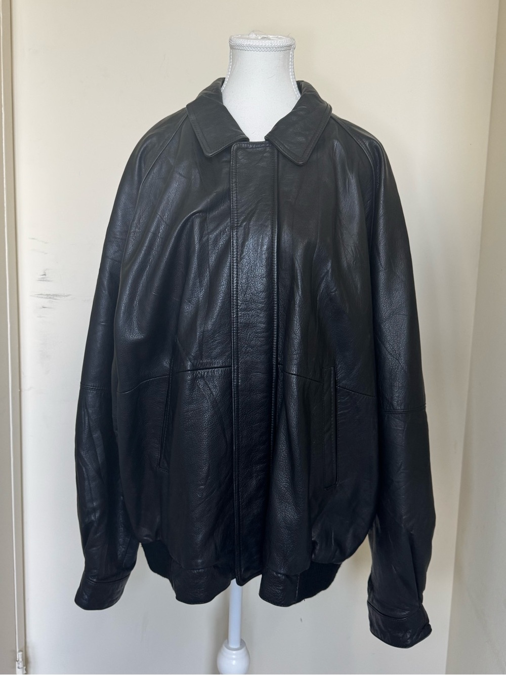 Classic Black Leather Bomber Jacket